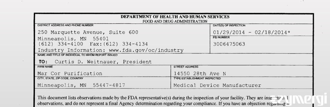 FDANews 483 MAR COR Purification Feb 18 2014 top