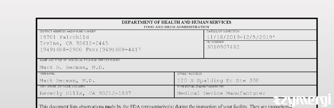 FDANews 483 Mark Berman, M.D. Dec 5 2019 top