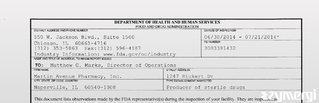 FDANews 483 Martin Avenue Pharmacy, Inc. Jul 21 2014 top