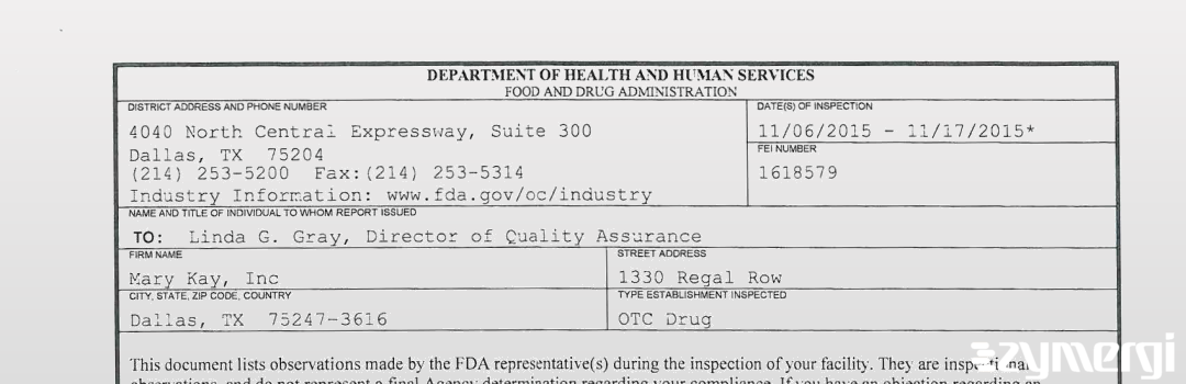 FDANews 483 Mary Kay, Inc Nov 17 2015 top