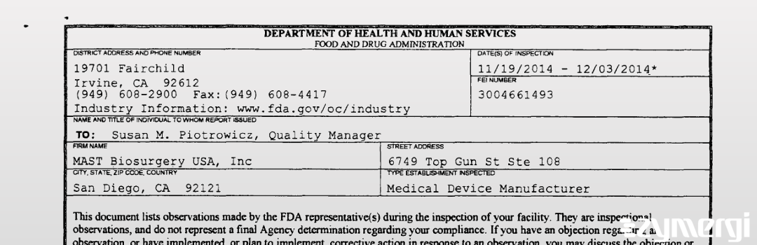 FDANews 483 MAST Biosurgery USA Inc Dec 3 2014 top