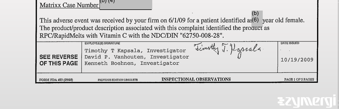 Kenneth Boehnen FDA Investigator Timothy T. Kapsala FDA Investigator 