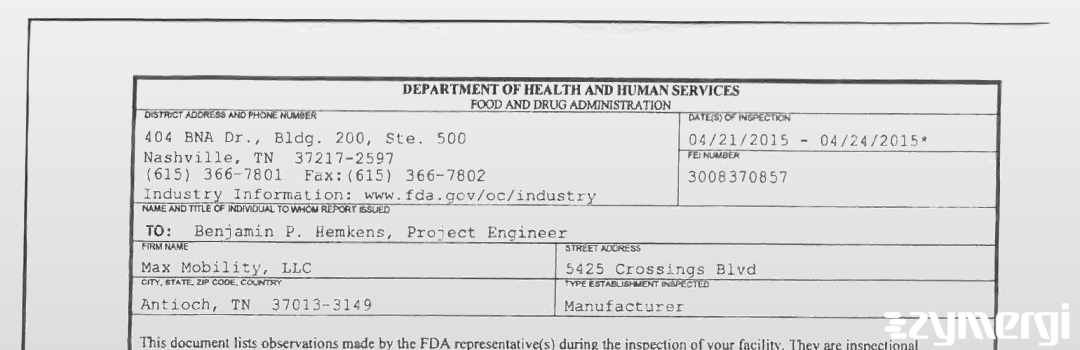 FDANews 483 Max Mobility LLC Apr 24 2015 top