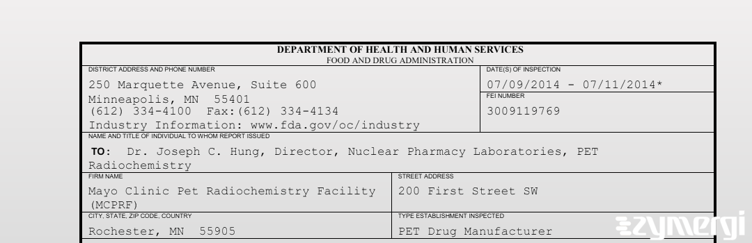 FDANews 483 Mayo Clinic Pet Radiochemistry Facility (MCPRF) Jul 11 2014 top
