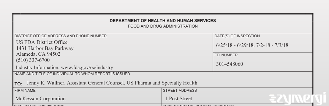 FDANews 483 McKesson Corporation Headquarters Jul 18 2018 top