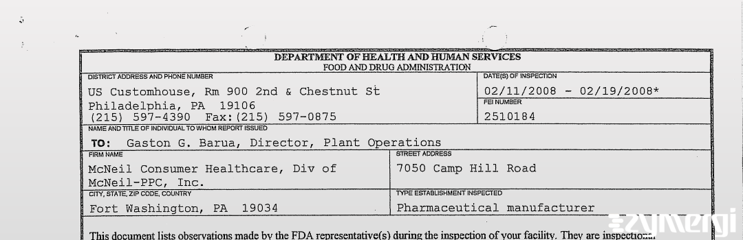 FDANews 483 Mcneil Consumer Healthcare, Div Of Mcneil-ppc, Inc. Feb 19 2008 top