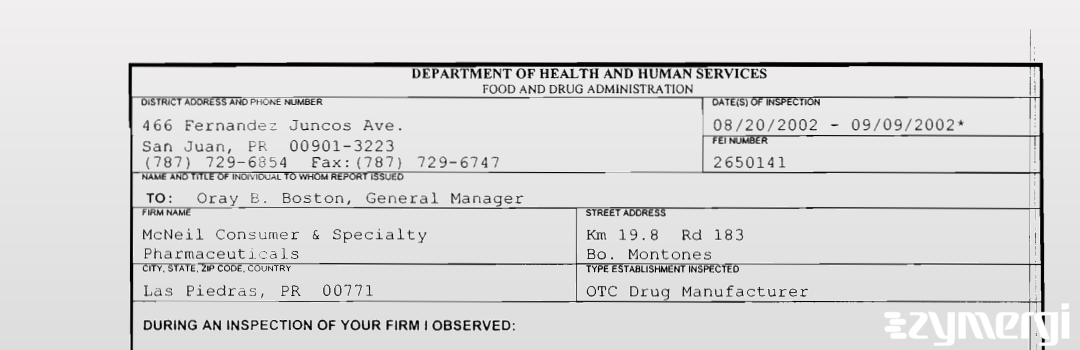 FDANews 483 McNeil Healthcare, LLC Sep 9 2002 top