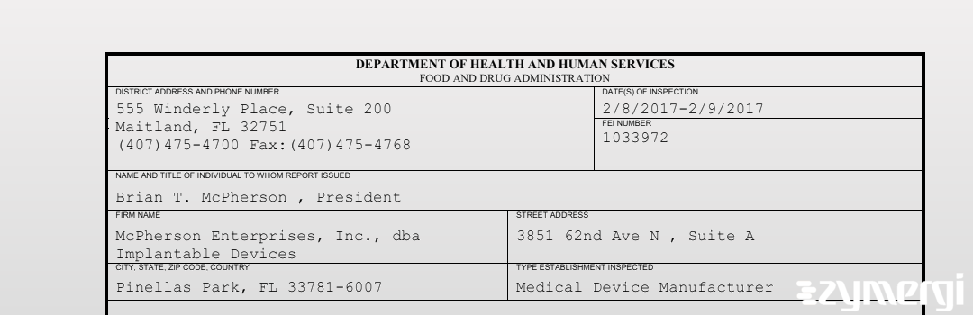 FDANews 483 McPherson Enterprises, Inc., dba Implantable Devices Feb 9 2017 top