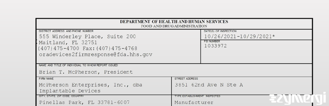 FDANews 483 McPherson Enterprises, Inc., dba Implantable Devices Oct 29 2021 top