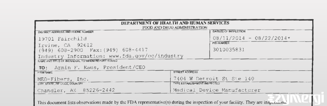 FDANews 483 MED-Fibers, Inc. Aug 22 2014 top