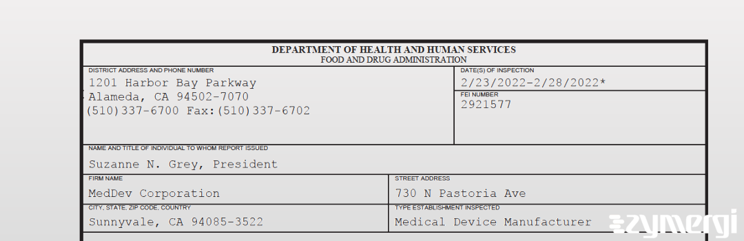 FDANews 483 Meddev Corp Feb 28 2022 top