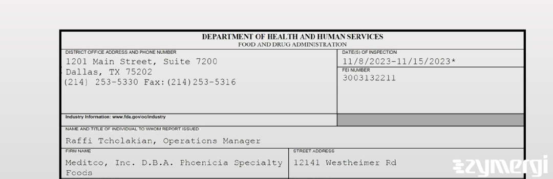 FDANews 483 Meditco, Inc. D.B.A. Phoenicia Specialty Foods Nov 15 2023 top