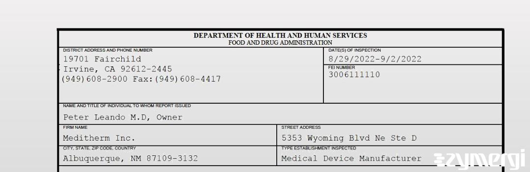 FDANews 483 Meditherm Inc. Sep 2 2022 top