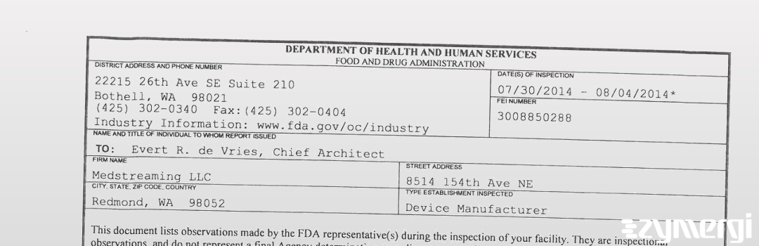 FDANews 483 Medstreaming LLC Aug 4 2014 top