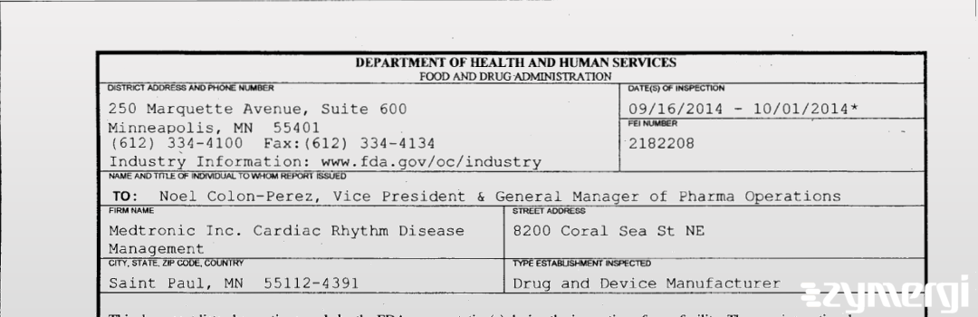 FDANews 483 Medtronic Inc. Cardiac Rhythm Disease Management Oct 1 2014 top