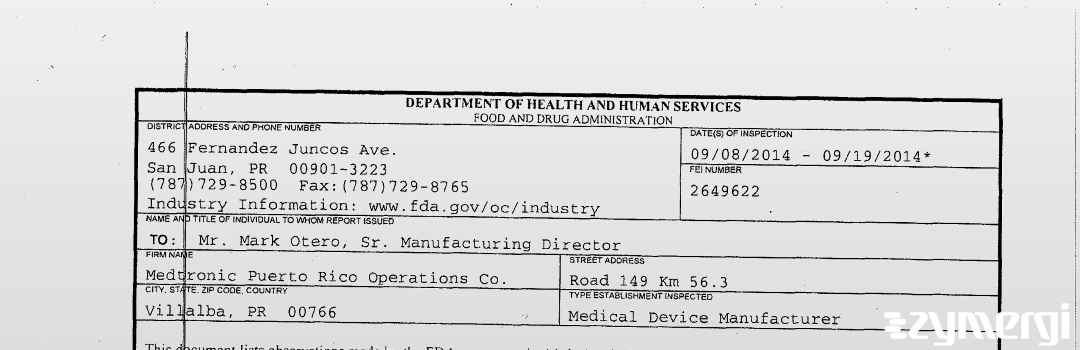 FDANews 483 Medtronic Puerto Rico Operations Co. Sep 19 2014 top
