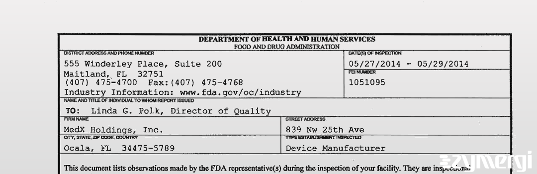 FDANews 483 MedX Holdings, Inc. May 29 2014 top