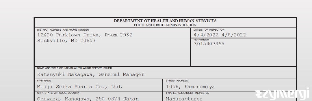 FDANews 483 Meiji Seika Pharma Co., Ltd. Apr 8 2022 top