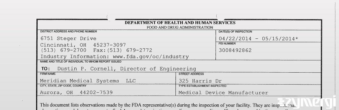 FDANews 483 Meridian Medical Systems  LLC May 15 2014 top