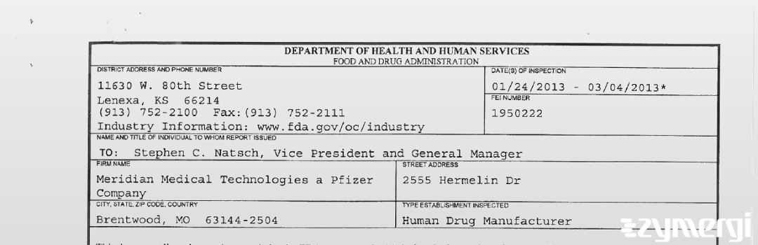 FDANews 483 Meridian Medical Technologies a Pfizer Company Mar 4 2013 top