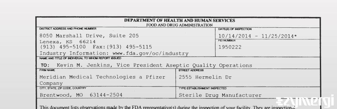 FDANews 483 Meridian Medical Technologies a Pfizer Company Nov 25 2014 top