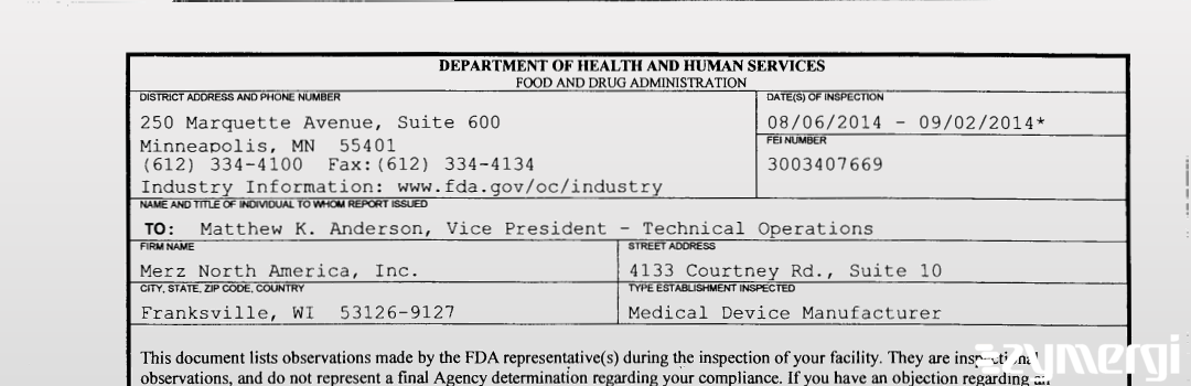 FDANews 483 Merz North America, Inc. Sep 2 2014 top