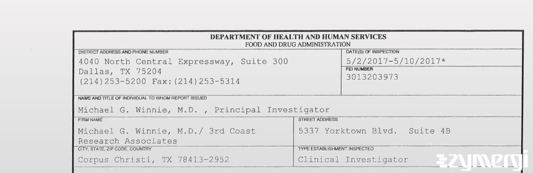 FDANews 483 Michael G. Winnie, M.D./ 3rd Coast Research Associates May 10 2017 top