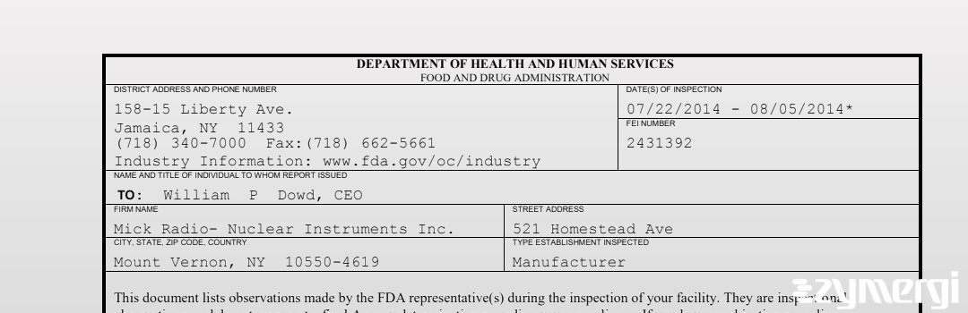 FDANews 483 Mick Radio Nuclear Instr Inc Aug 5 2014 top
