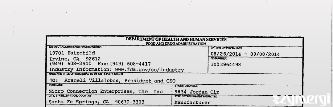 FDANews 483 Micro Connection Enterprises, The  Inc Sep 8 2014 top
