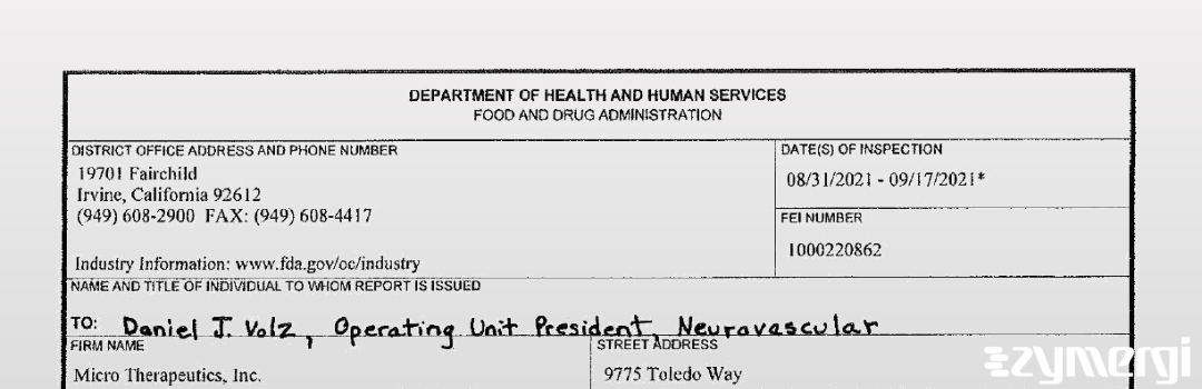 FDANews 483 Micro Therapeutics,  Inc. Sep 17 2021 top
