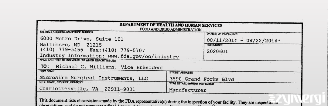 FDANews 483 MicroAire Surgical Instruments, LLC Aug 22 2014 top