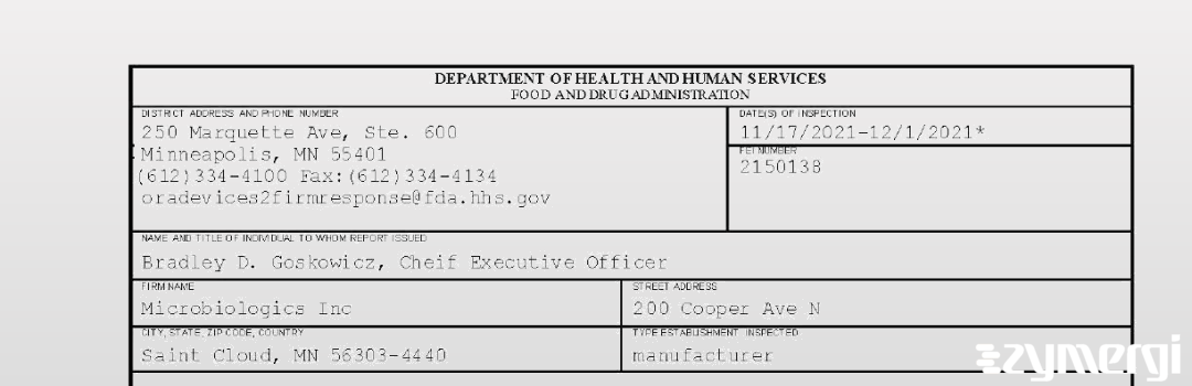 FDANews 483 Microbiologics Inc Dec 1 2021 top