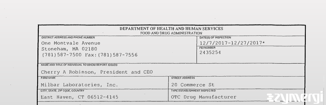 FDANews 483 Milbar Laboratories, Inc. Dec 27 2017 top