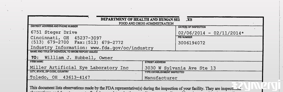 FDANews 483 Miller Artificial Eye Laboratory Inc Feb 11 2014 top