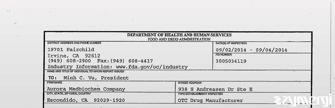 FDANews 483 Minh Cong Vu DBA Aurora Medbiochem Company Sep 4 2014 top
