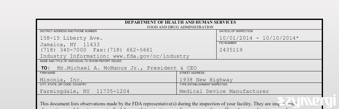 FDANews 483 Misonix, Inc. Oct 10 2014 top