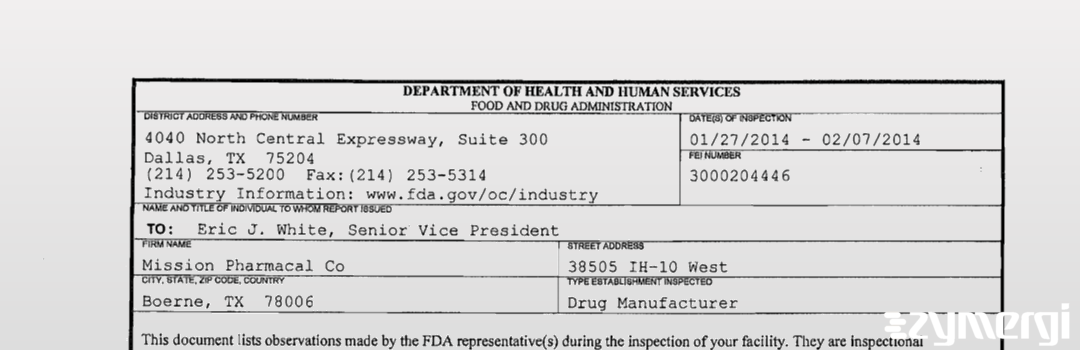 FDANews 483 Mission Pharmacal Co Feb 7 2014 top