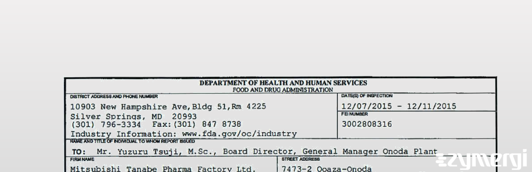 FDANews 483 Mitsubishi Tanabe Pharma Factory Ltd. Dec 11 2015 top