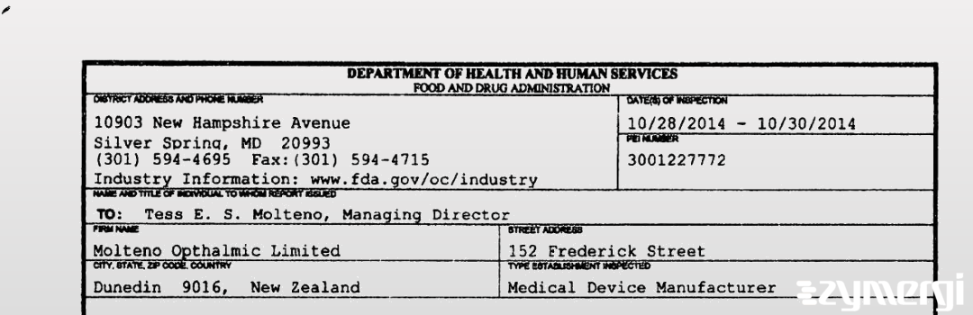 FDANews 483 Molteno Ophthalmic Limited Oct 30 2014 top