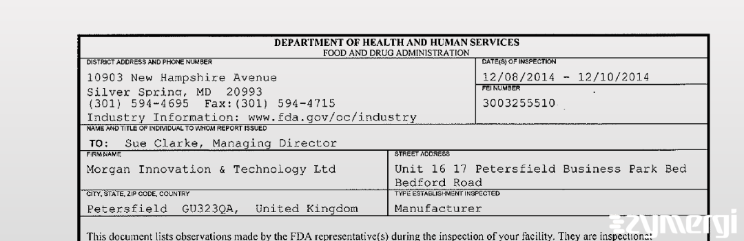 FDANews 483 Morgan Innovation & Technology Ltd Dec 10 2014 top
