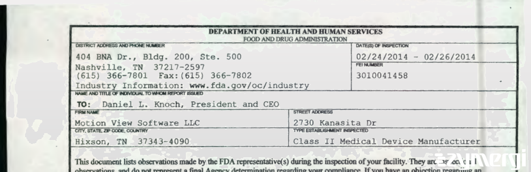 FDANews 483 Motion View Software LLC Feb 26 2014 top