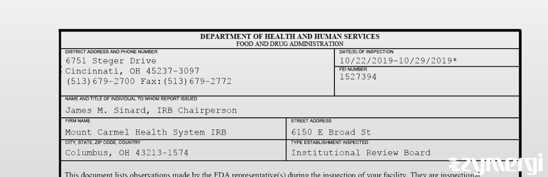 FDANews 483 Mount Carmel Health System IRB Oct 29 2019 top