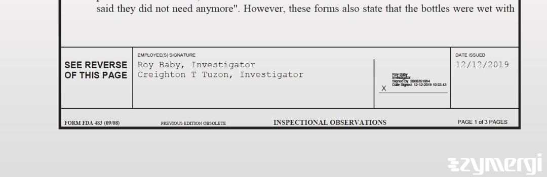 Creighton T. Tuzon FDA Investigator Roy Baby FDA Compliance Officer 