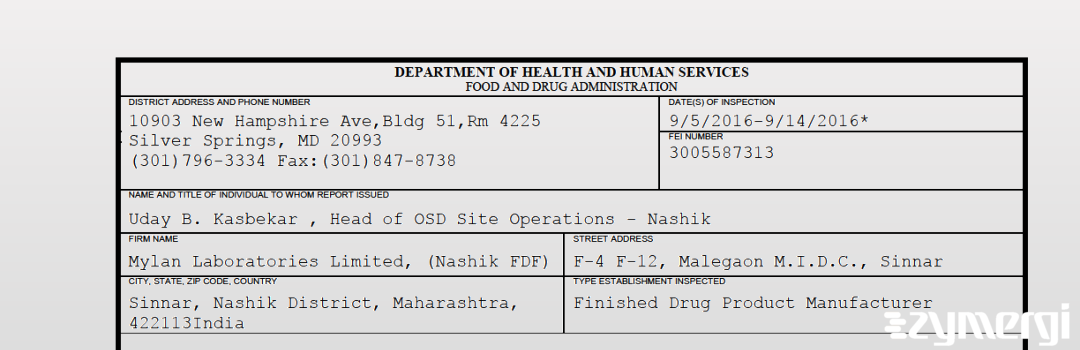 FDANews 483 Mylan Laboratories Limited, (Nashik FDF) Sep 14 2016 top