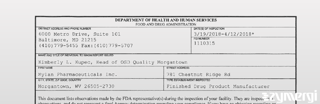 FDANews 483 Mylan Pharmaceuticals Inc Apr 12 2018 top