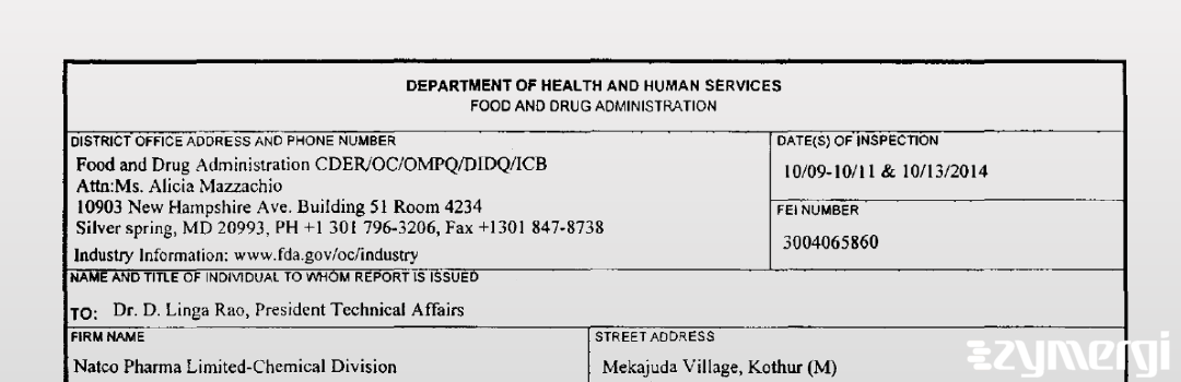 FDANews 483 Natco Pharma Ltd. - Chemical Division Oct 13 2014 top