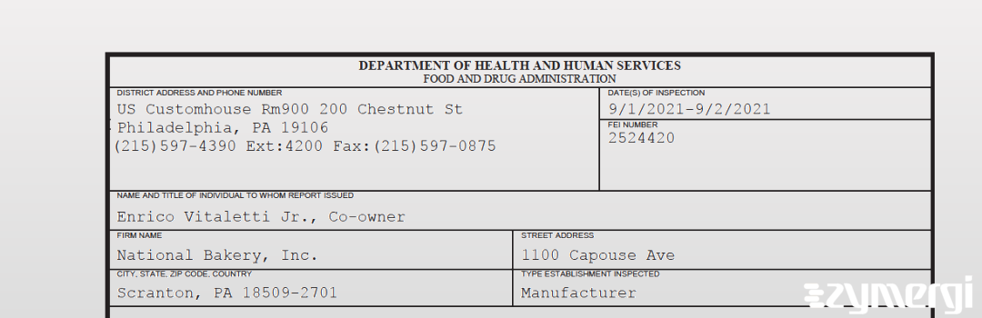 FDANews 483 National Bakery, Inc. Sep 2 2021 top