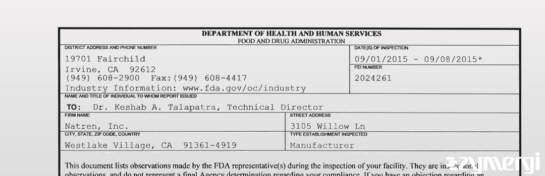 FDANews 483 Natren, Inc. Sep 8 2015 top