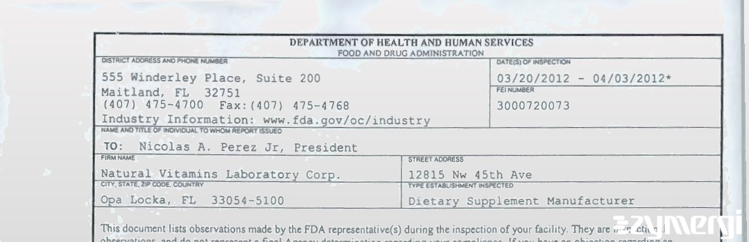 FDANews 483 Natural Vitamins Laboratory Corp. Apr 3 2012 top