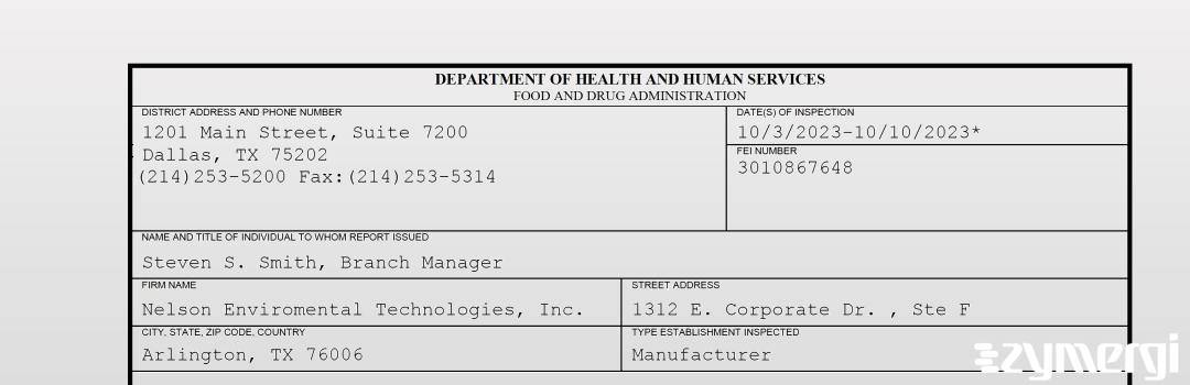 FDANews 483 Nelson Enviromental Technologies, Inc. Oct 10 2023 top